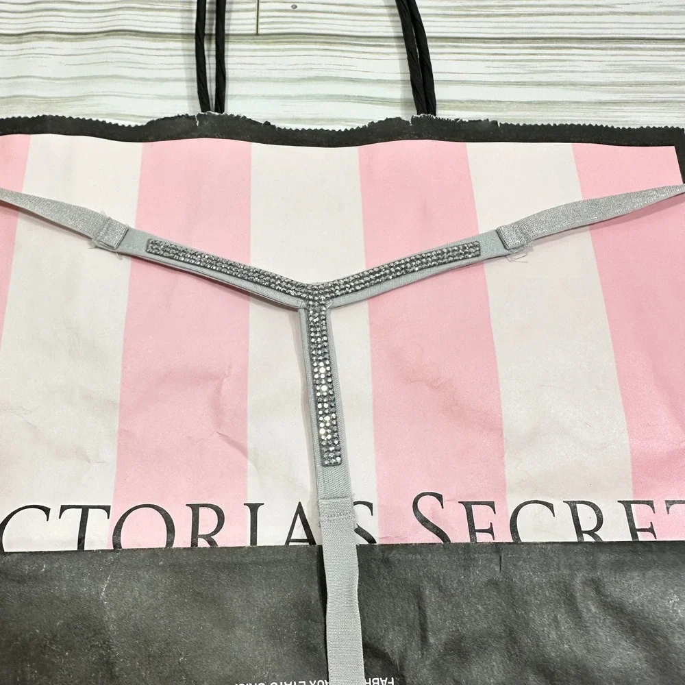NWT Victoria's Secret Dream Angels V String Thong Gray Lace Rhinestone Detail XL